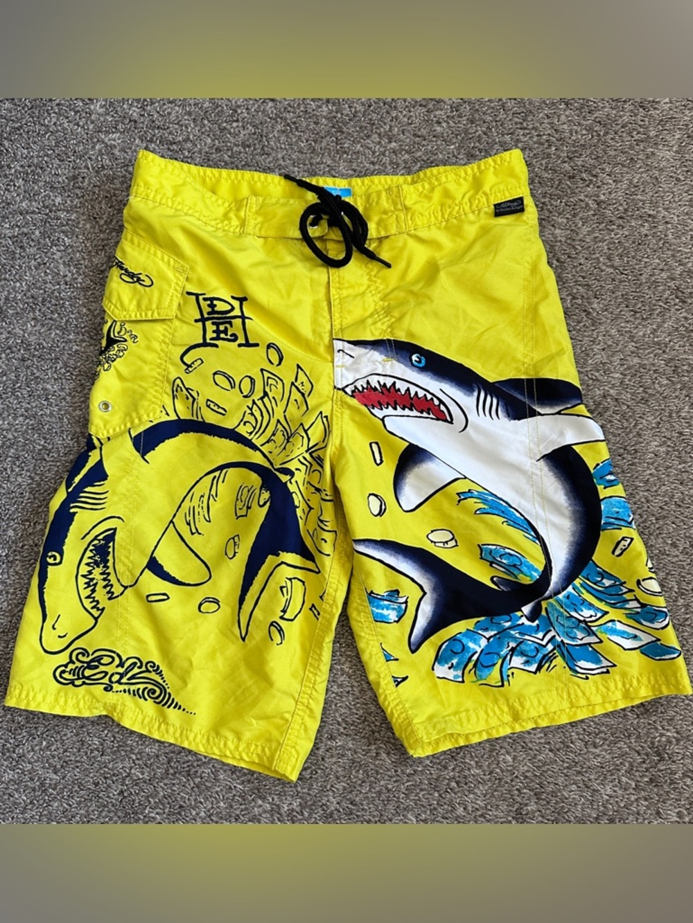 VTG 00s/Y2k Ed Hardy Kids Swim Trunks Yellow Shark Print Size Small Y2K  Lace Up